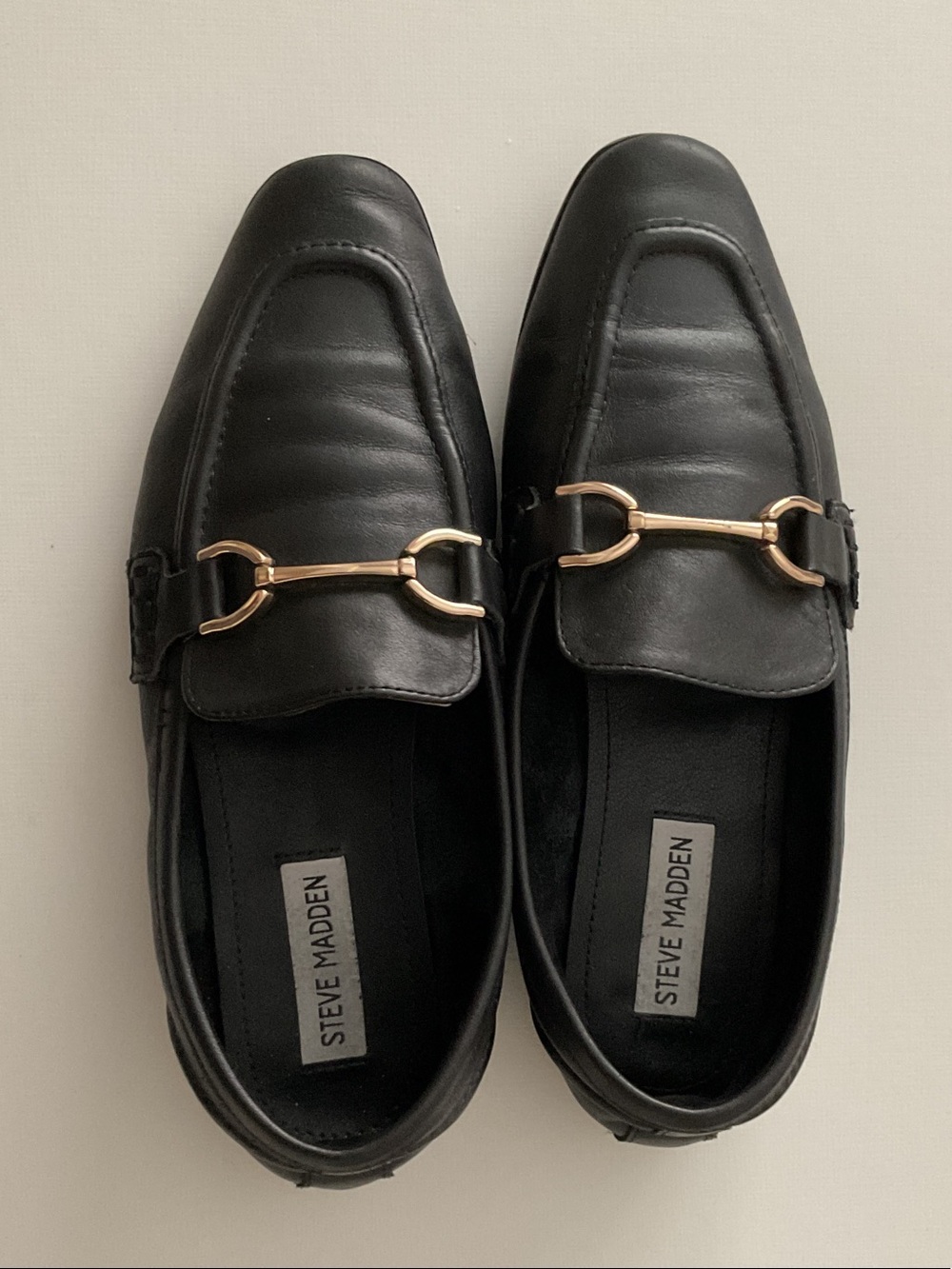 Steve Madden Black Leather Loafers with Gold Horsebit